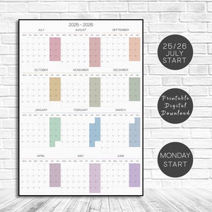 2025 2026 Printable Wall Calendar, Monday Start Academic Wall Planner, July Large Wall Calendar for Home & Office, Instant Digital Download.
