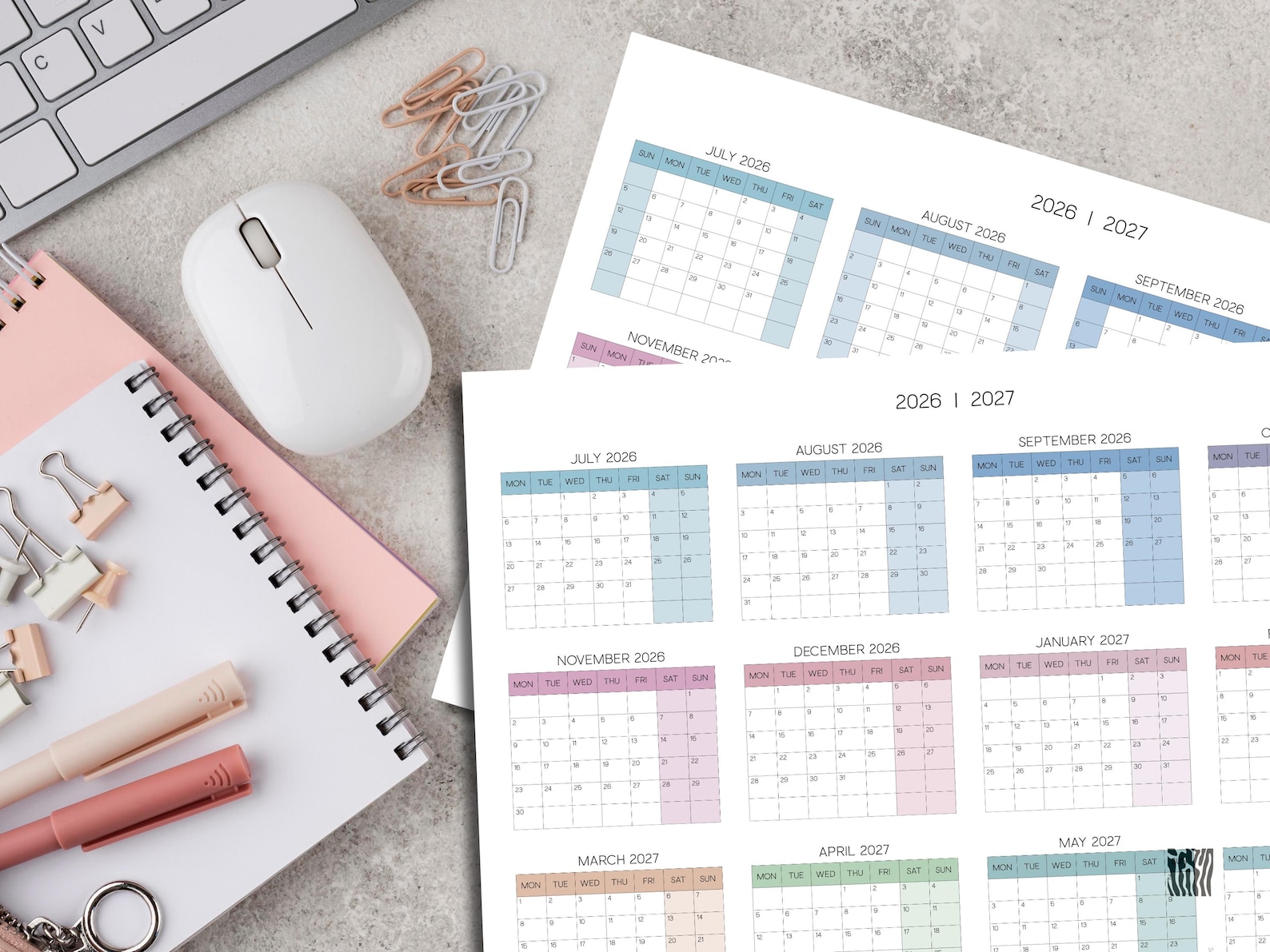 2026-2027 One Page Calendar, July Start Printable Planner With Sunday ...