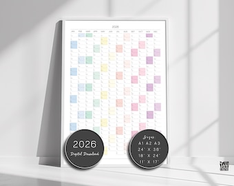 May include: A framed 2026 year calendar with a pastel color scheme. The calendar is displayed in a white frame and includes the text "2026 Digital Download". Available sizes include 24" x 36", 18" x 24", and 11" x 17".