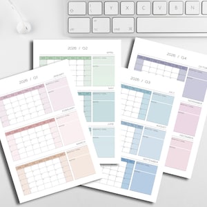 Planificador imprimible trimestral de 2026 con inicio en domingo. Planificador minimalista de productividad. Calendario de seguimiento de objetivos de 3 meses en tamaños A4 y carta de EE. UU.