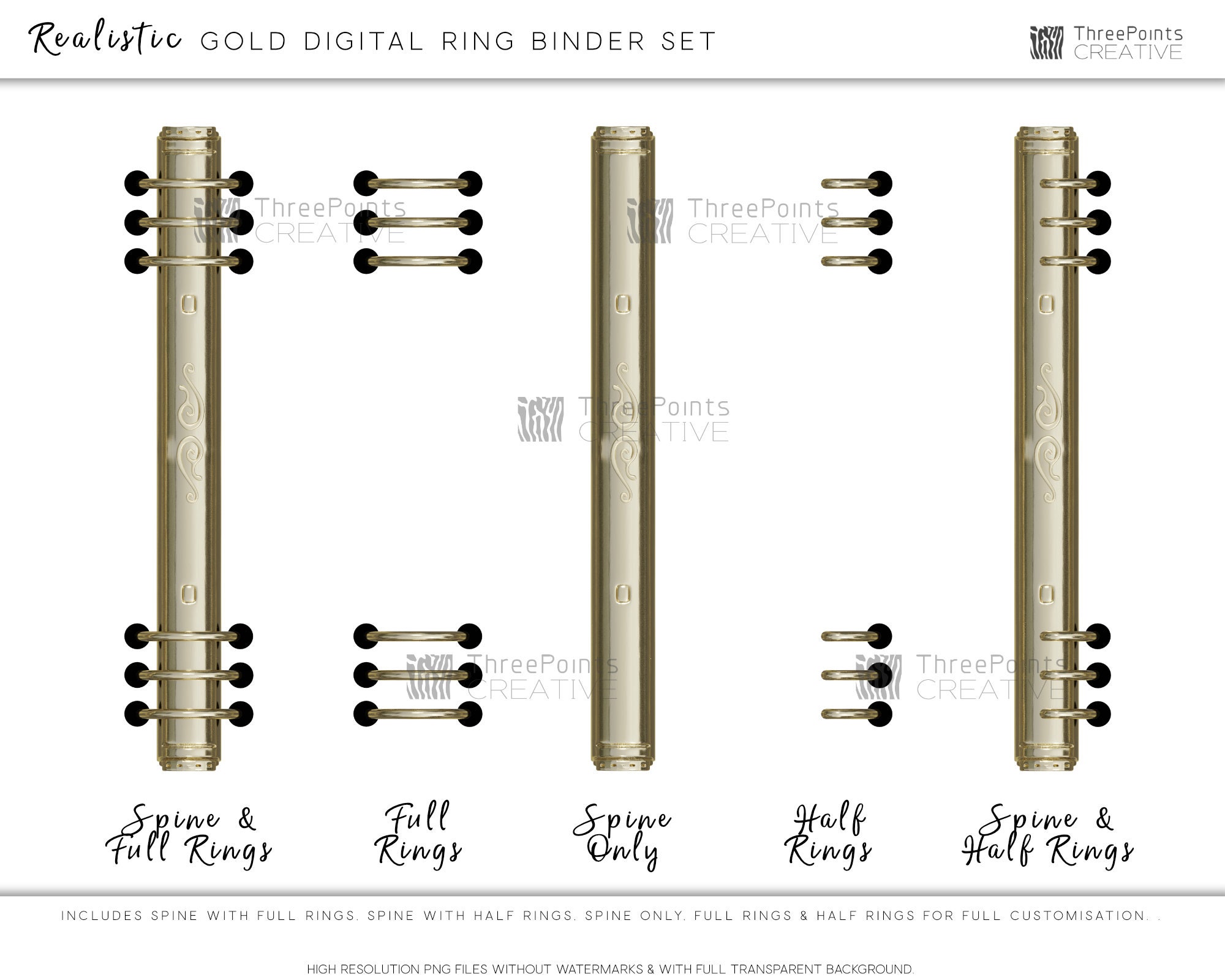 Digital Planner Binder Rings and Spine in Realistic Metallic Gold. Full Transparent Background