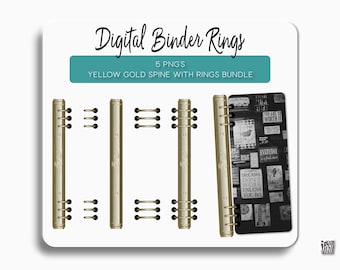 Gold Digital Planner Binder Rings With Spine, PNG Files (Digital Download)