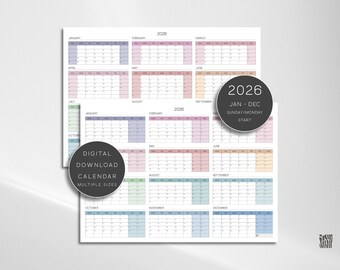 2026 Year At A Glance Wall Calendar, Large Monthly Planner (Digital Download)