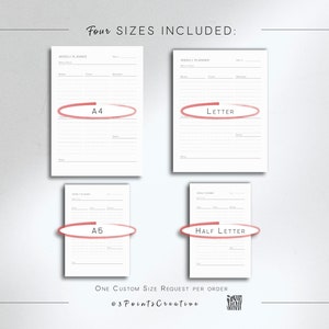 May include: Four printable weekly planner templates in different sizes: A4, Letter, A5, and Half Letter. The text "Four SIZES INCLUDED" is at the top of the image. The text "ONE CUSTOM SIZE REQUEST PER ORDER" is at the bottom of the image.