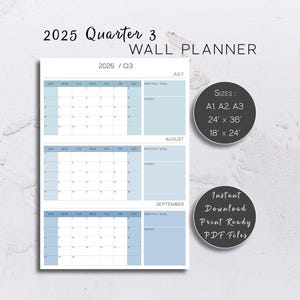 2025 Quarterly Wall Planner | Printable 90 Day Planner with Sunday Start | 12 Week Plan for Jul - Sep in A1, A2, and more | Instant Download