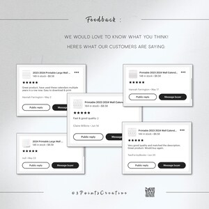 May include: A collage of five customer reviews for printable 2023-2024 wall calendars. Each review includes a five-star rating, a short comment, and the customer's name and date. The reviews are positive and highlight the ease of use, quality, and value of the product.