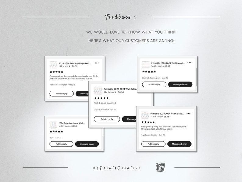 May include: A collage of five customer reviews for printable 2023-2024 wall calendars. Each review includes a five-star rating, a short comment, and the customer's name and date. The reviews are positive and highlight the ease of use, quality, and value of the product.