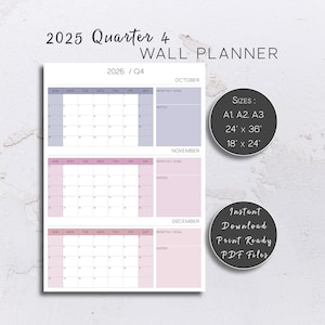 2025 Quarterly Wall Planner | Printable 90 Day Planner with Sunday Start | 12 Week Plan for Oct - Dec in A1, A2, and more | Instant Download