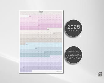 May include: A 2026 yearly calendar with a color-blocked design, featuring months in shades of pink, gray, blue, and purple. Two circular graphics on the right side read "2026 Jan-Dec" and "Digital Download Calendar".