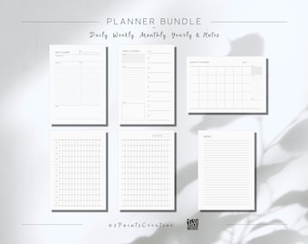Undated Printable Planner Inserts. Bundle with Daily, Weekly, Monthly, Yearly, and Notes Pages to Customise Your Planner.