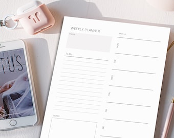 Minimalist Weekly Planner Printable, Undated One Page A4 A5 Letter & Half Letter Inserts, Week At A Glance To Do List Digital Download.