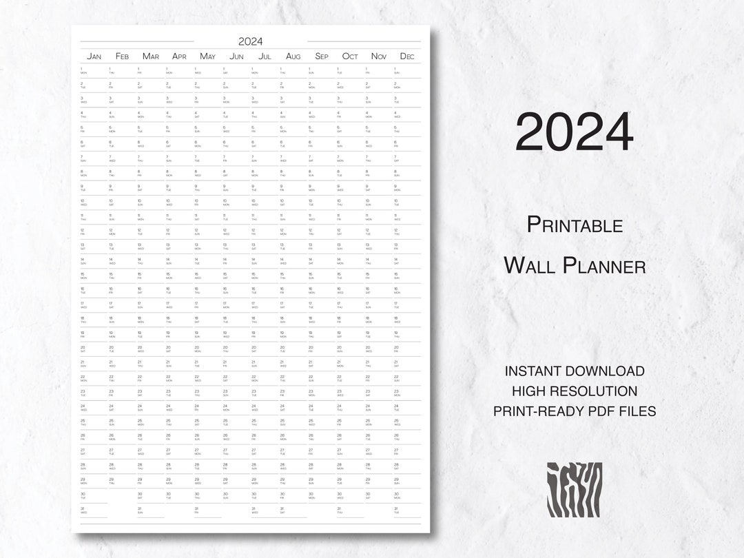 Printable Large Wall Calendar for 2024 in a Classic Black and White