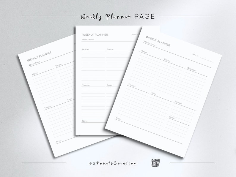 May include: Three blank weekly planner pages with the text "Weekly Planner" at the top of each page. The pages are stacked on top of each other.