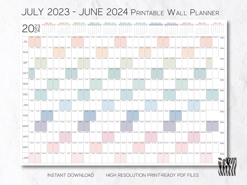 Printable 2023 2024 Wall Calendar With a July Start, Mid Year Planner in a Rainbow Minimalist ...