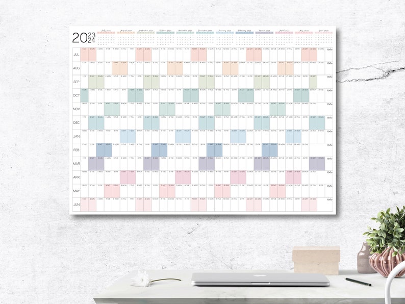 Printable 2023 2024 Wall Calendar With a July Start, Mid Year Planner in a Rainbow Minimalist ...