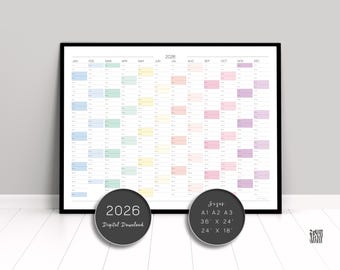 2026 Printable Large Wall Calendar | One Page Minimalist Year-at-a-Glance Planner (Digital Download)