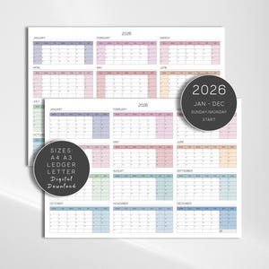 May include: A 2026 digital calendar with a monthly layout, each month distinguished by pastel colours. The calendar includes the text "2026 JAN - DEC SUNDAY/MONDAY START" and is available in A4, A3, Ledger, and Letter sizes.