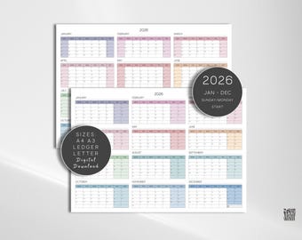 2026 One Page Calendar, Printable Planner With Sunday & Monday Start (Digital Download)