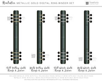 Metallic Gold Digital Planner Binder Rings with Spine PNG. Use in Digital Planners, Goodnotes Journals and iPad Planners.