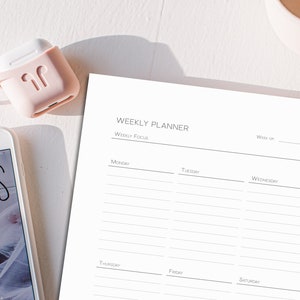 Minimalist One Page Weekly Planner, Printable in A4, A5, Letter and Half Letter Sizes, Undated Week at a Glance Planner Inserts. image 6