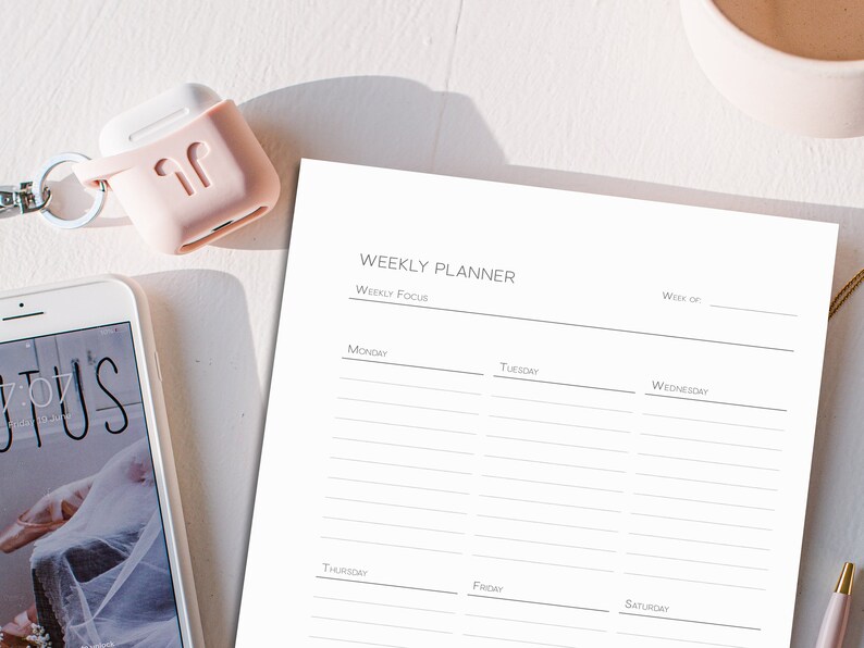 Minimalist One Page Weekly Planner, Printable in A4, A5, Letter and Half Letter Sizes, Undated Week at a Glance Planner Inserts. image 6