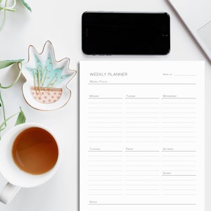 Minimalist One Page Weekly Planner, Printable in A4, A5, Letter and Half Letter Sizes, Undated Week at a Glance Planner Inserts.