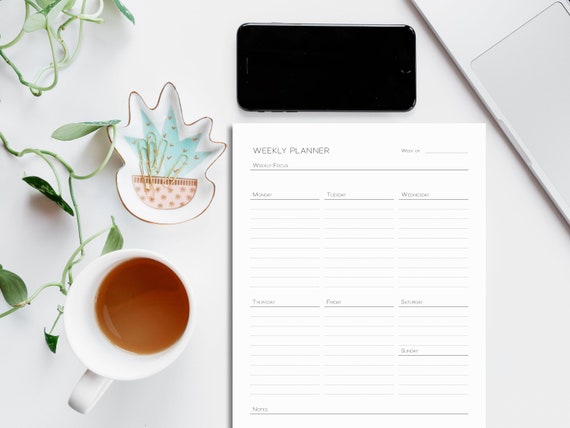 Minimalist One Page Weekly Planner, Printable in A4, A5, Letter and Half Letter Sizes, Undated Week at a Glance Planner Inserts.