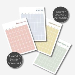 Minimalistisk månadsväggkalender, odaterad utskrivbar planerare (digital nedladdning)