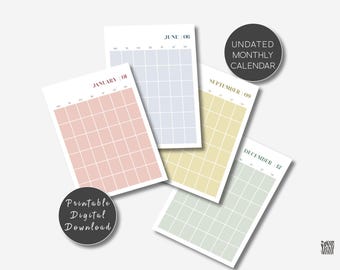 Calendario de pared mensual minimalista, planificador imprimible sin fecha (descarga digital)