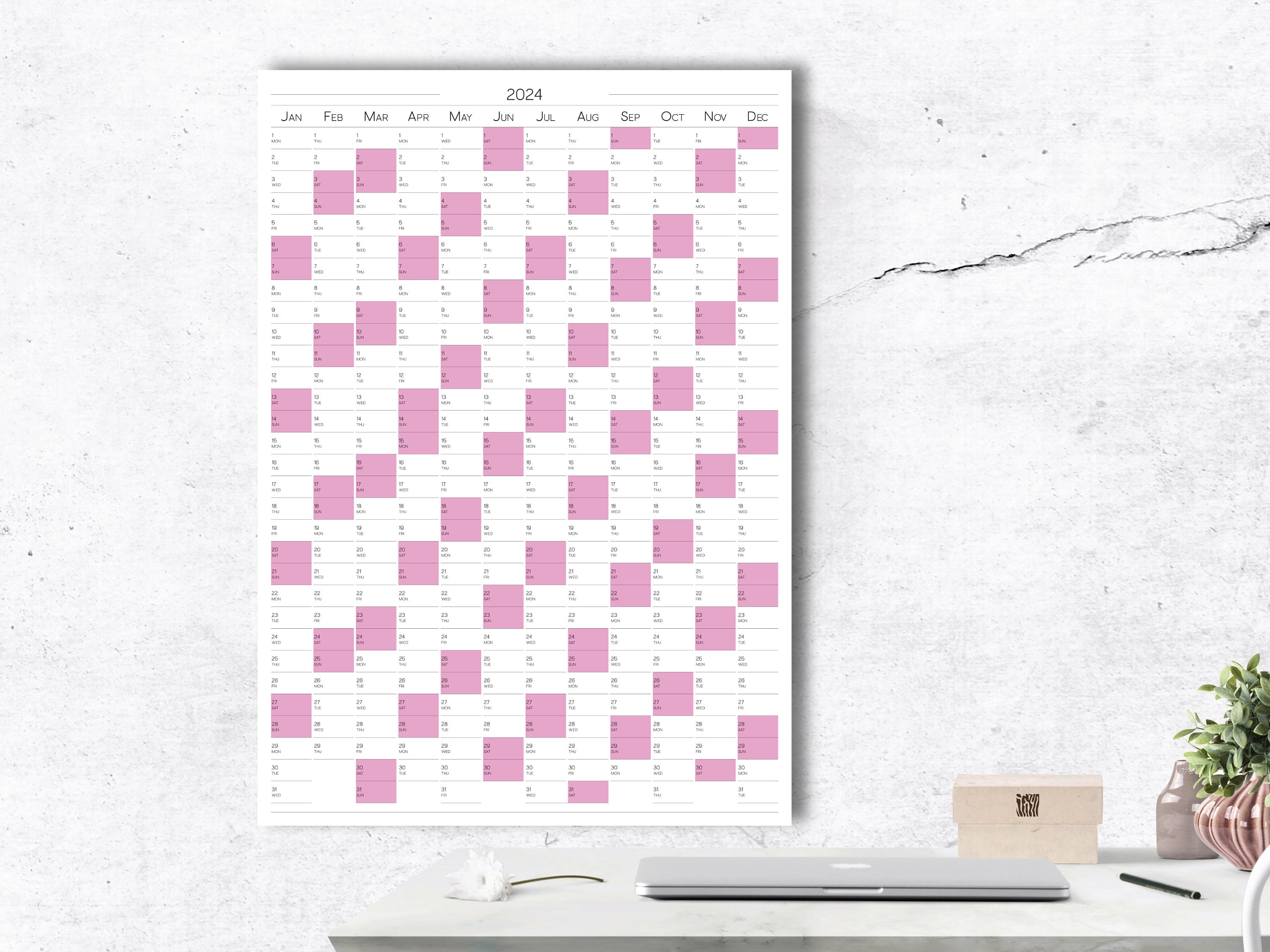 2024 Printable Large Wall Calendar in a Pink Minimalist Design, 2024 ...