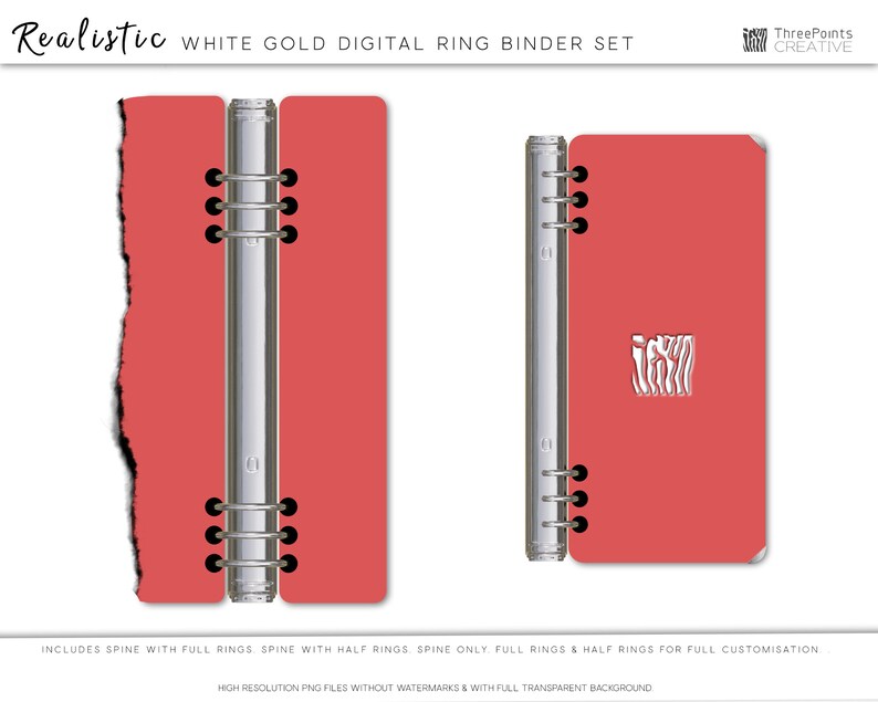 Digital Planner Binder Rings and Spine in Realistic Metallic Gold. Full Transparent Background