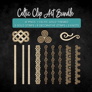 May include: A set of 12 Celtic-themed gold clip art images. The set includes three gold strips, six decorative strips, and three knots. The images are in PNG format.