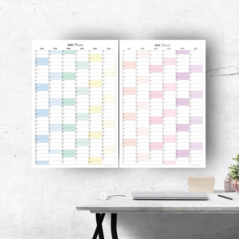 2026 Year at A Glance 6 Month Calendar | Printable Pastel Large Wall ...