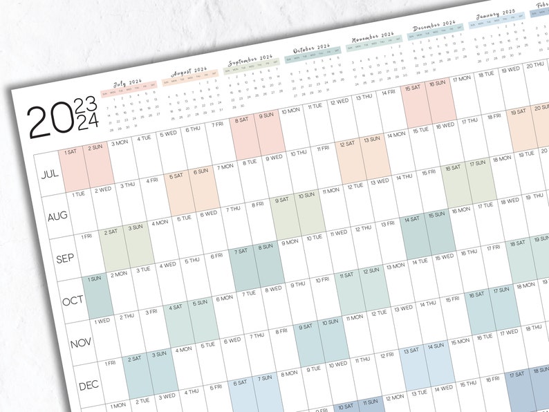 Printable 2023 2024 Wall Calendar With a July Start, Mid Year Planner