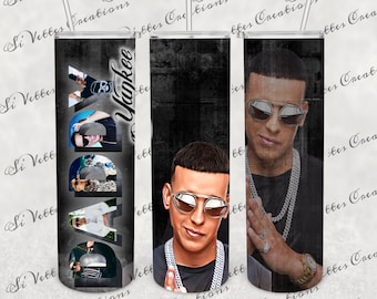May include: A set of three stainless steel tumblers featuring a portrait of Daddy Yankee. One tumbler has the name "Yankee" and the word "Daddy" with images of Daddy Yankee. The other two tumblers have a portrait of Daddy Yankee.