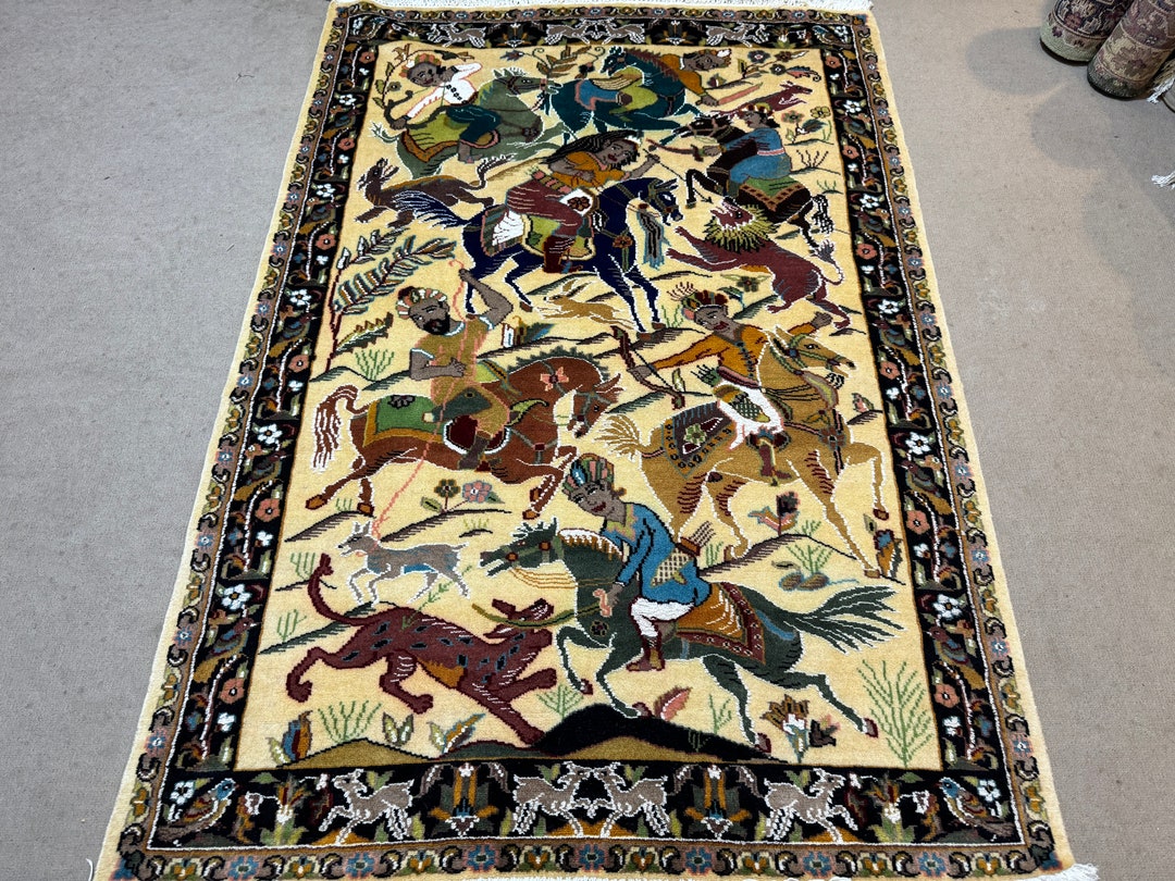 4x6 Hand Knotted Hunting Rug – Beige Wool & Silk Afghan Rug - Etsy