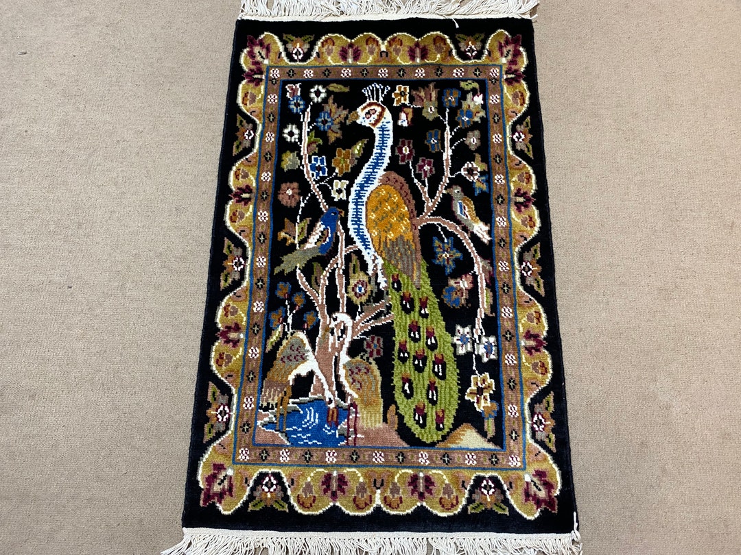 2x3 Black Peacock Rug - Silk Rug - Door Mat Rug - Bathroom Rug - Bath ...