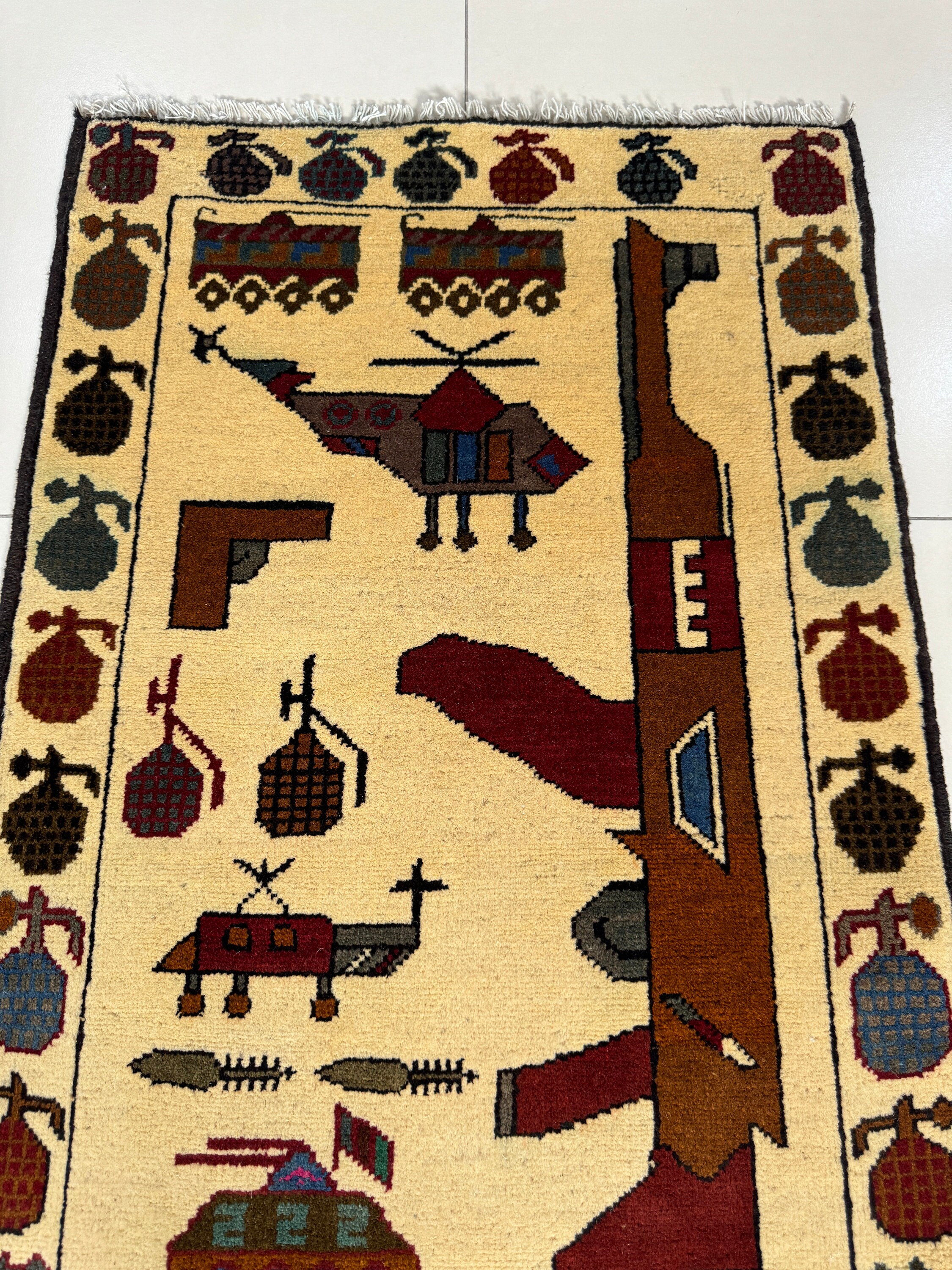 2x3 White War Rug - Iconic Kalashnikov Rug - Afghan War Rug