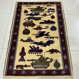 2.6x4 Ivory War Rug - USA Attack Rug - Afghan War Rug - Grenade Rug - 9-11 Rug - BMPs Rug - Helicopter Rug - Ak47 Rug - BTRs Rug
