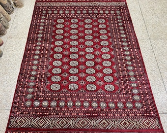 Alfombra Bokhara roja de 6x9 pies - Alfombra geométrica - Alfombra de 6x9 pies - Alfombra para habitación infantil - Alfombra para sala de estar - Alfombra para dormitorio - Alfombra para cocina - Alfombra Bokhara - Alfombra roja