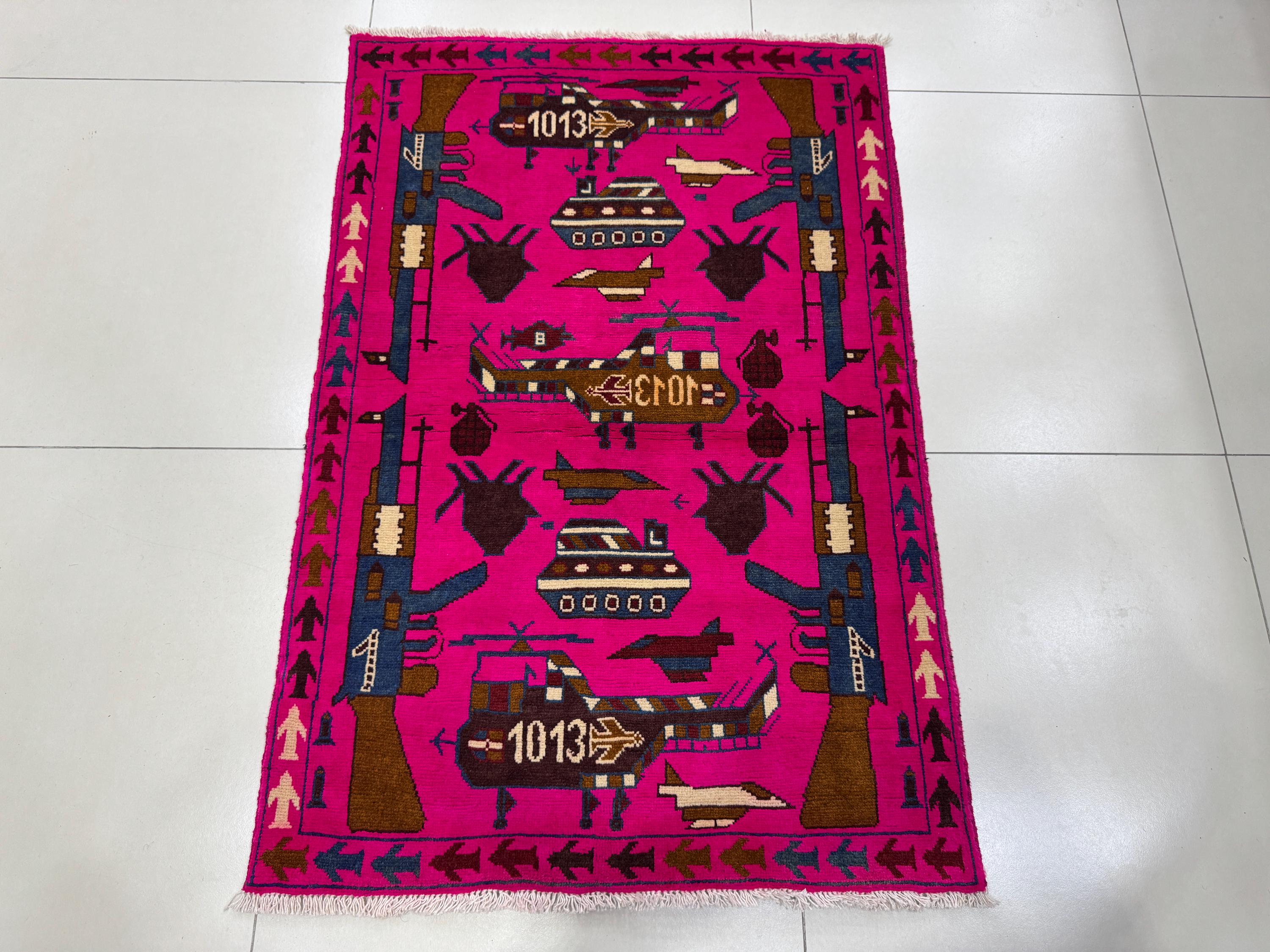 2.6x4 Pink War Rug - Kalashnikov Rug - Afghan War Rug - Grenade