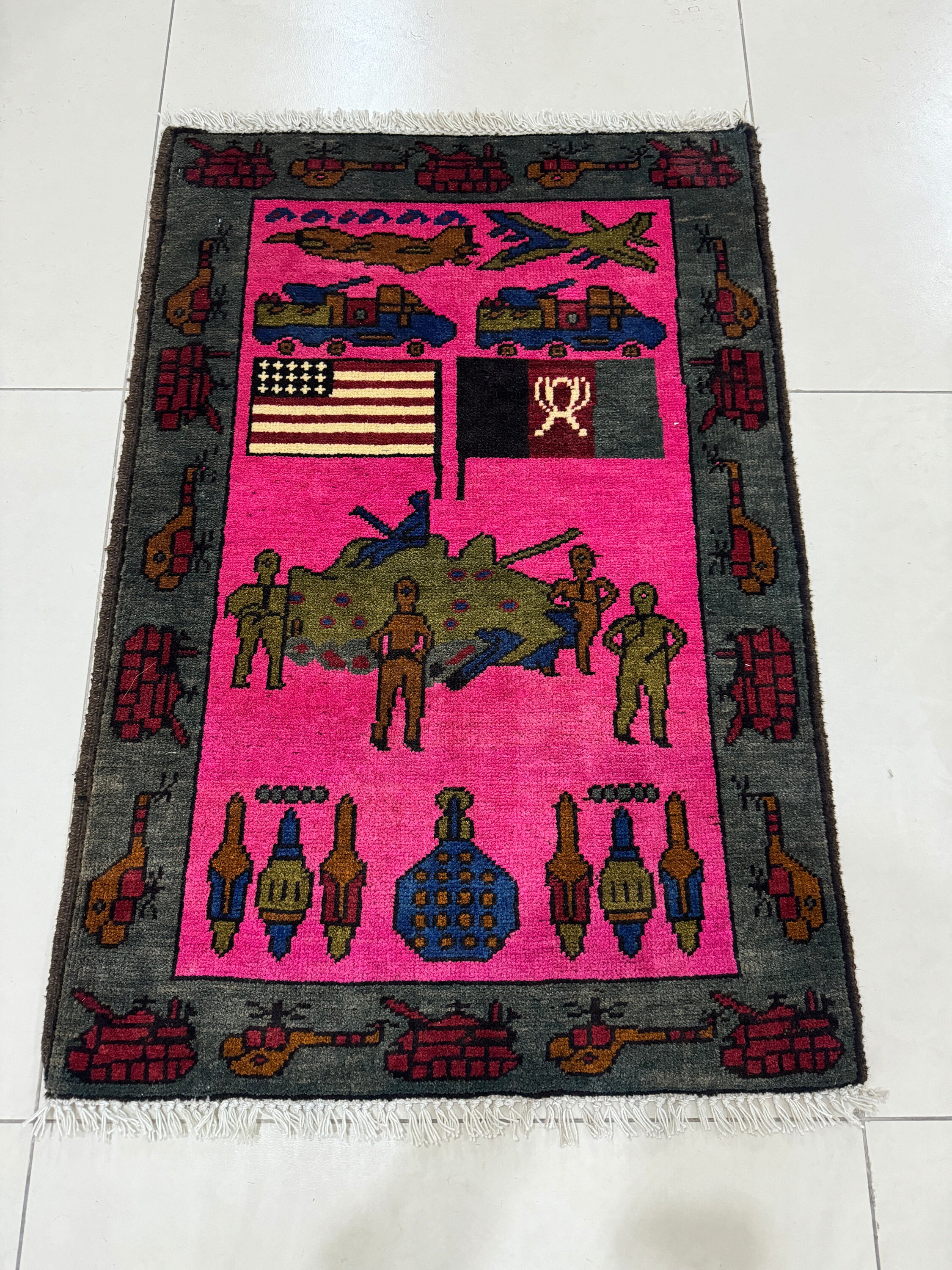 2x3 Pink War Rug - Iconic Kalashnikov Rug - Afghan War Rug
