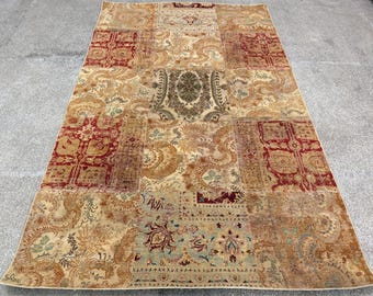 5x8 ft Hand-Knotted Wool Patchwork Rug – Afghan Area Rug