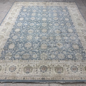 12x15 Sky Blue Ziegler Rug - Oushak Rug - Muted Color Rug - Woolen Rug - Living Room Rug - Hand knotted Rug - Afghan Rug - Washable Rug