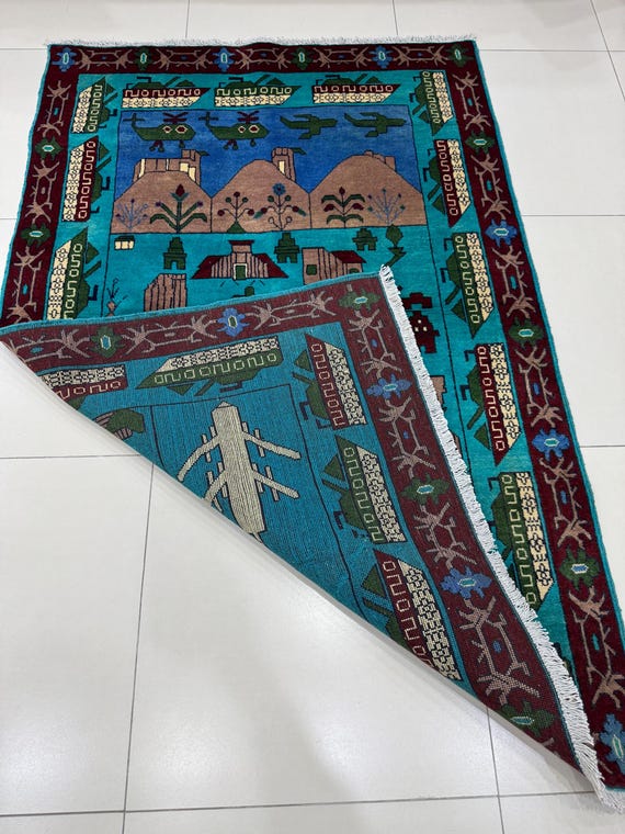 4x6 Teal War Rug - Afghan War Rug - Hand Knotted Rug - Kalashnikov