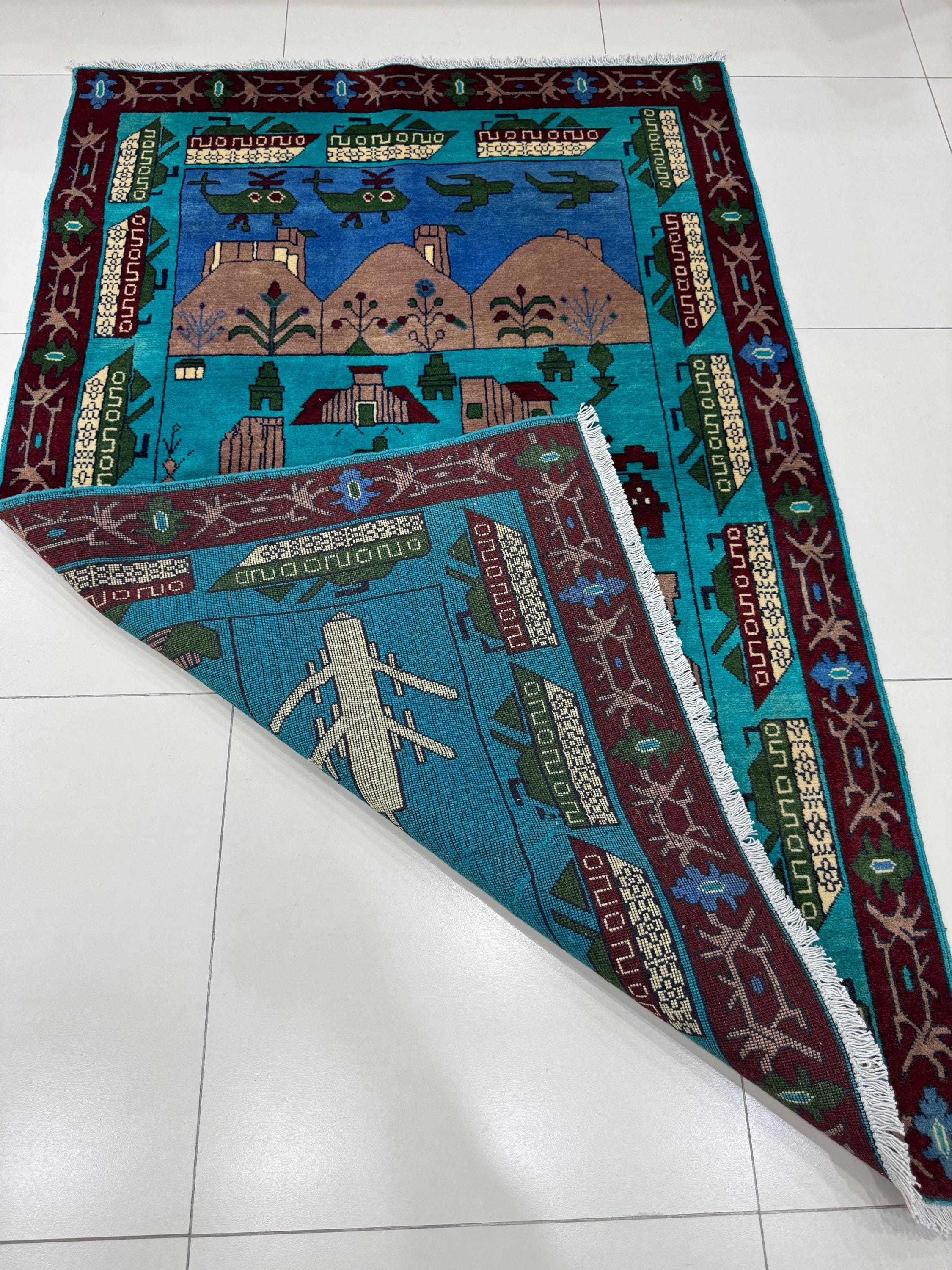 4x6 Teal War Rug - Afghan War Rug - Hand Knotted Rug - Kalashnikov