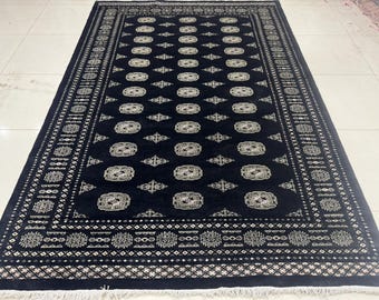 Alfombra Bokhara de color negro de 6,6 x 9,6 pulgadas - Anudada a mano - Alfombra de lana - Alfombra para sala de estar - Alfombra turca - Alfombra de cocina - Alfombra lavable - Alfombra geométrica