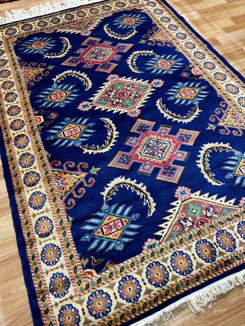 4x6 Royal Blue Oriental Rug Washable Rug Wall Rug Wool Rug Living Room