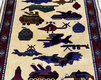 2.6x4 Ivory War Rug - USA Attack Rug - Afghan War Rug - Grenade