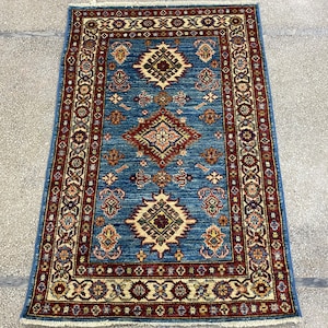 2.6x4 Blue Super Kazak Rug - Kazak Rug - 2.6x4 Rug - Afghan Super Kazak Rug - Doormat Rug - Kabul Rug - Bathmat Rug - High Quality